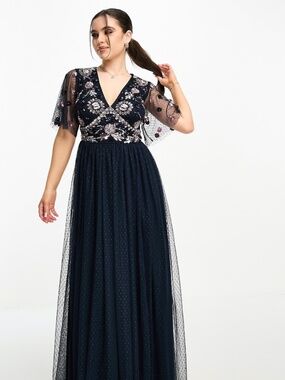 Maya embellished midi dress with tulle skirt in navy